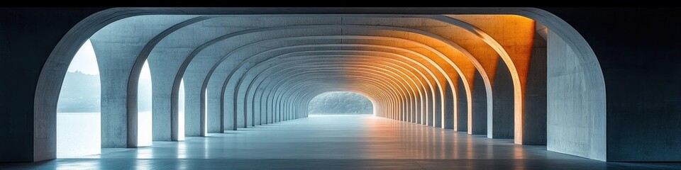 Symmetrical modern concrete tunnel with repeating arches illuminated by natural light and warm sunset tones leading to an open end showing distant landscape