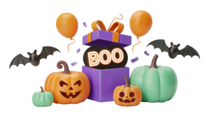 Spooky Halloween surprise with glowing BOO, grinning pumpkins, flying bats, and festive balloons creating a festive party atmosphere