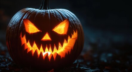 Obraz premium glowing pumpkin carved with menacing eyes and jagged mouth glowing brightly in dark night