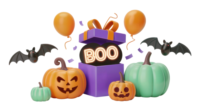 Spooky Halloween surprise with glowing BOO, grinning pumpkins, flying bats, and festive balloons creating a festive party atmosphere
