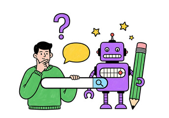 AI robot helping a man with search, ideas, and content creation
