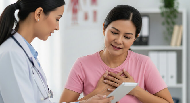 Asian female doctor explaining good test results to a patient on a tablet. Concept of medical care and positive news. - Powered by Adobe