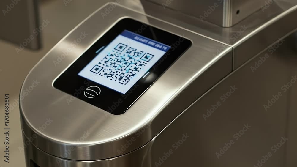 Poster metal access control terminal scanning qr code for entrance with light and shadow