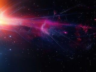 Obraz premium Bright orange and pink cosmic explosion or wave emitting light and energy rays in dark space filled with scattered stars and glowing nebulae