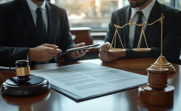 Two businessmen in suits discussing legal documents at a wooden table with a golden balance scale and gavels, evoking professionalism and seriousness