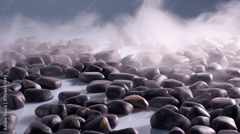 Poster smooth black stones surrounded by foggy mist creating a calming atmospheric scene for relaxation and