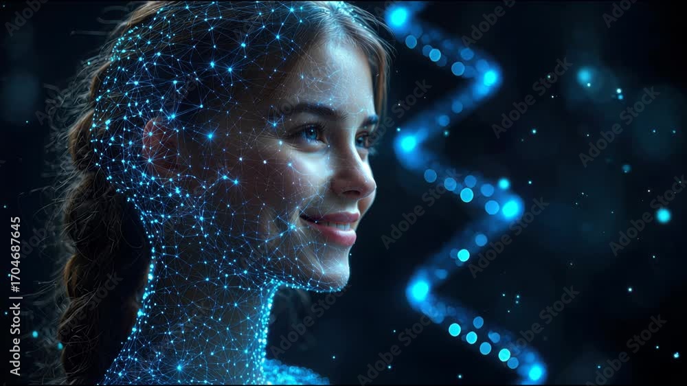 Poster portrait of a woman's face surrounded by a network of connected lines representing artificial intell