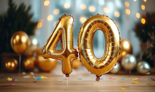 golden foil balloons shaped as number 40 standing on wooden floor surrounded by scattered colorful confetti and blurred decorative lights in background