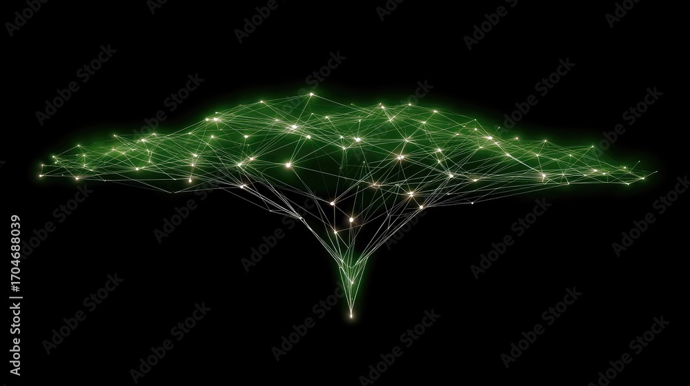 Poster abstract digital tree with green light nodes on black background representing growth and connectivit