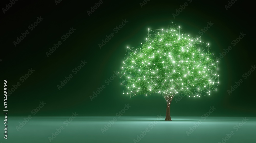 Poster illuminated tree of life representing nature, growth, and connection with glowing nodes in dark back