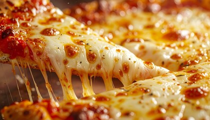 Cheesy pizza slice up close reveals gooey mozzarella, bubbling sauce, and crispy crust. A dramatic, flavor-packed portrait of everyone's favorite comfort food, styled to perfection.