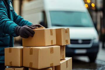 Person wearing winter jacket and gloves stacking multiple cardboard boxes near a white delivery van on a city street
