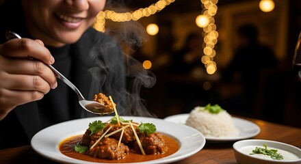 Woman eating steaming Indian curry with rice and raita in a restaurant indian food