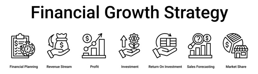 Financial Growth Strategy banner web icon vector illustration concept for business with icon of Financial Planning, Revenue Stream, Profit, Investment, Return On Investment, Sales Forecasting, Market.