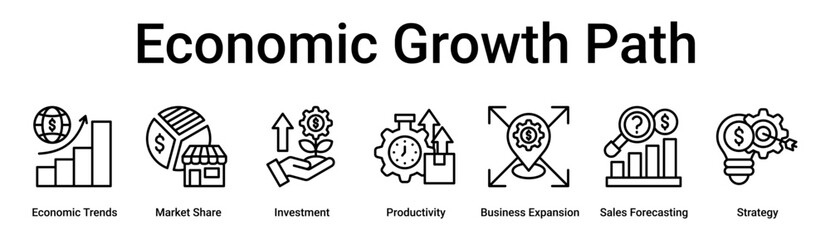 Economic Growth Path banner web icon vector illustration concept for business with icon of Economic Trends, Market Share, Investment, Productivity, Business Expansion, Sales Forecasting.