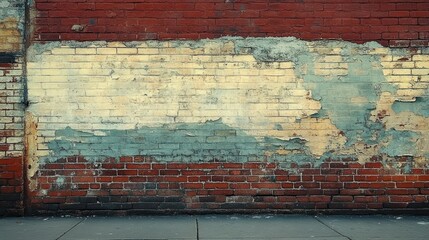 weathered red brick wall with peeling blue and beige paint over a gray sidewalk evokes urban decay and rustic charm