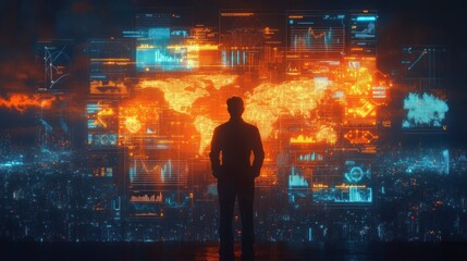 Silhouette of a person standing in front of a large digital screen displaying a glowing world map with futuristic data charts and graphs in a dark cityscape