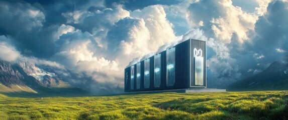 Futuristic sleek black rectangular building with glowing light panels, situated on a vast vibrant green plain with dramatic cloudy sky and distant snowy mountains