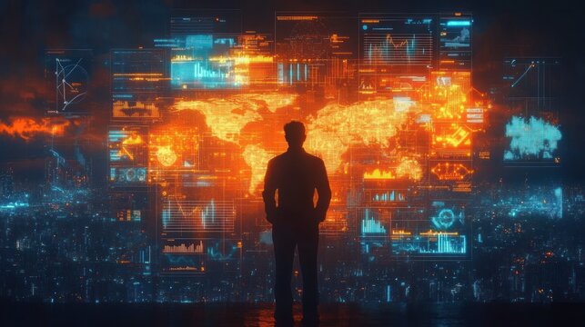 Silhouette of a person standing in front of a large digital screen displaying a glowing world map with futuristic data charts and graphs in a dark cityscape