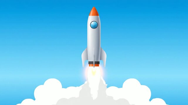 Rocket launch animation showing startup success and innovation, soaring high into blue sky, dynamic business growth concept, optimistic future