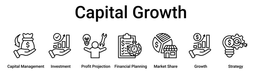 Capital Growth banner web icon vector illustration concept for business with icon of Capital Management, Investment, Profit Projection, Financial Planning, Market Share, Growth.
