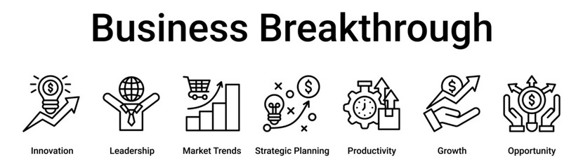 Business Breakthrough banner web icon vector illustration concept for business with icon of Innovation, Leadership, Market Trends, Strategic Planning, Productivity, Growth.