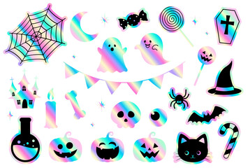 set of pastel holographic Halloween sticker icons