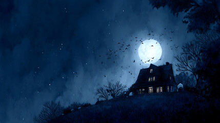 A house is shown in the middle of a field at night