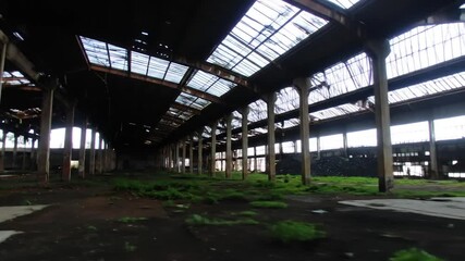 Dilapidated warehouse with moss and broken glass roof - Powered by Adobe