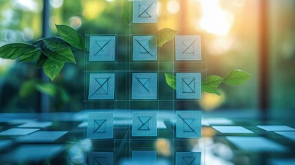 Transparent digital blocks with check marks floating amidst green leafy branches in a bright natural environment symbolizing eco-friendly technology