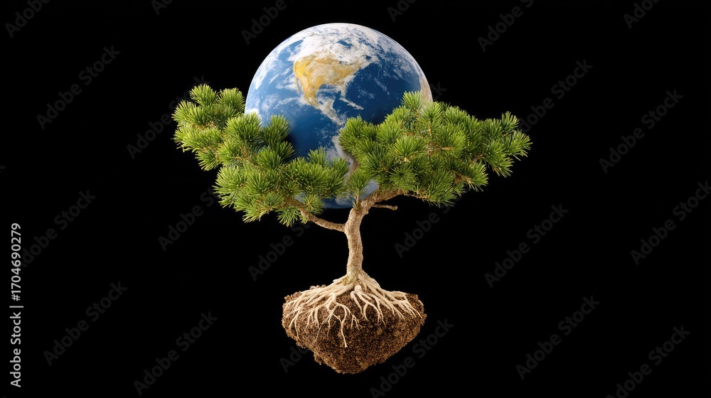 Poster tree with roots and earth globe floating above in concept of environmental conservation and global s