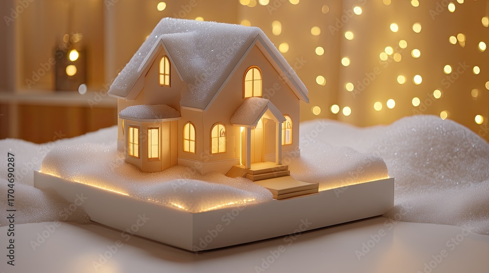 Poster cozy winter scene with a snowy house model illuminated by warm light and surrounded by soft white fa