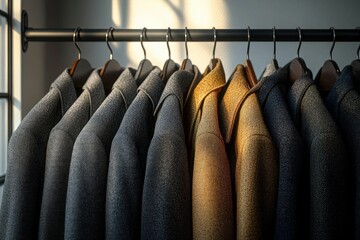 Row of men's tailored wool coats in various neutral tones hanging neatly on wooden hangers on a rack with soft warm sunlight casting shadows