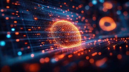 Glowing orange sphere surrounded by dynamic blue and orange digital grid and particles creating a futuristic data visualization effect