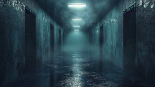 dark eerie corridor with wet reflective floor, multiple closed wooden doors on both sides, illuminated by fluorescent ceiling lights and filled with thick fog creating a mysterious atmosphere
