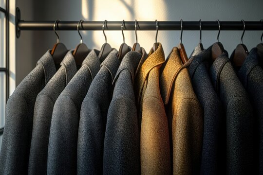 Row of men's tailored wool coats in various neutral tones hanging neatly on wooden hangers on a rack with soft warm sunlight casting shadows