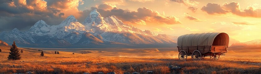 Covered wooden wagon standing in an expansive golden field with tall snow-capped mountains under a glowing sunset sky