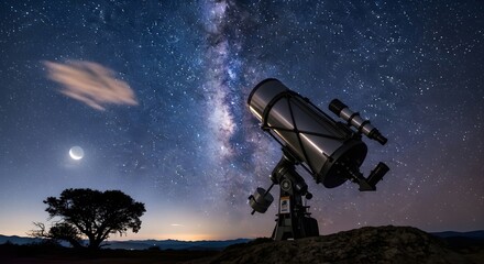 Telescope points towards the Milky Way crescent moon and a silhouetted tree under a starry night sky