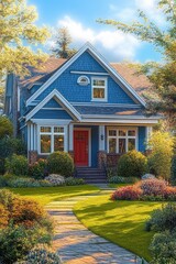 Charming blue house with a red front door surrounded by a lush garden and a stone pathway on a sunny day with clear skies