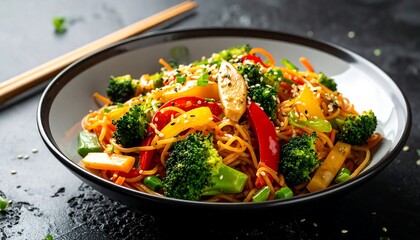 Colorful noodle dish with vegetables and chicken