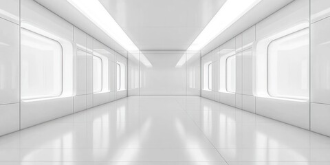 Bright white futuristic corridor with smooth reflective floors, large rectangular windows on both sides, clean minimalist design evoking a sense of spaciousness and calm