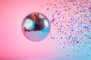 silver disco ball floating against a pink and blue gradient background with colorful confetti flying in the air, festive and lively atmosphere