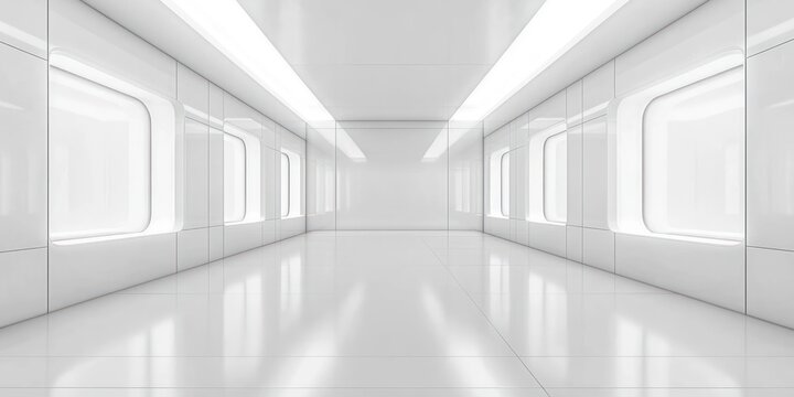 Bright white futuristic corridor with smooth reflective floors, large rectangular windows on both sides, clean minimalist design evoking a sense of spaciousness and calm