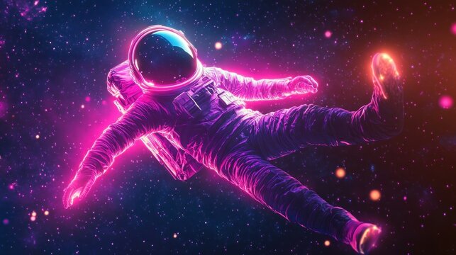 Astronaut floating weightlessly in vibrant neon pink and purple glowing space with stars and cosmic background, evoking a sense of exploration and solitude - Powered by Adobe