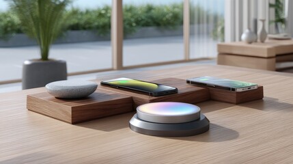 Modern Workspace with Wireless Charging Station and Smartphones in Stylish Minimalist Design