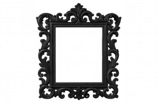 Intricate baroque style black frame with transparent background, perfect for adding a touch of elegance to any design