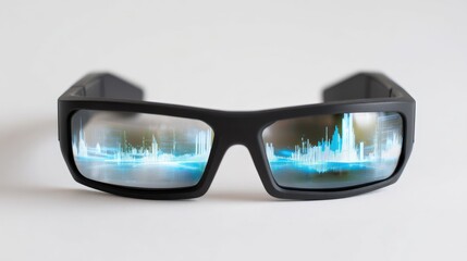 Futuristic Smart Glasses Displaying Digital Data Visualization with Abstract Sound Waves in HD Quality
