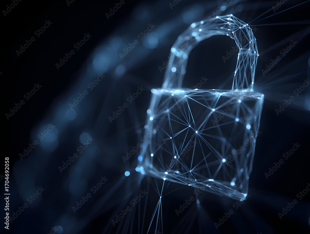 Poster a digital lock symbol represented with interconnected lines and nodes, illustrating concepts of cybe
