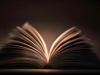 Fototapeta premium An open book with pages fanned out, beautifully illuminated in a soft glow, symbolizing knowledge, stories, and imagination.