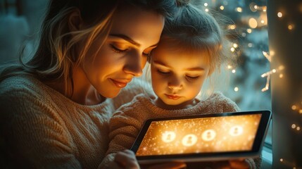 A tender moment of a mother and daughter closely looking at a glowing tablet screen with warm fairy lights in the background evoking a cozy and intimate atmosphere